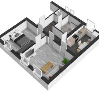 Obývací pokoj a kuchyň v 2pokojovém bytě s podlahou s dřevěným dekorem.