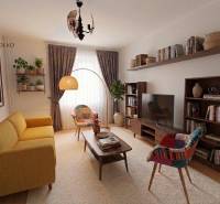 Stylový obývací pokoj v 2-pokojovém bytě s pohodlnou pohovkou a dřevěnými policemi.