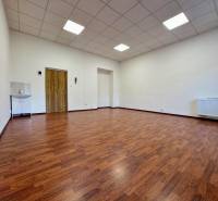 Kancelář s umyvadlem a podlahou s dřevěným dekorem.