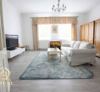 Obývací pokoj v jednopokojovém bytě s pohovkou, televizí a podlahou s dřevěným dekorem.