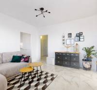 Obývací pokoj s pohovkou a dekorativním nábytkem v 3pokojovém bytě, podlaha s dřevěným dekorem.