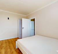 Pokoj v jednopokojovém bytě s podlahou s dřevěným dekorem a jednoduchým nábytkem.