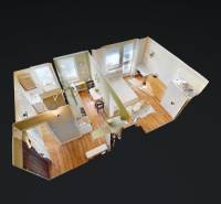 3D vizualizace 1pokojového bytu s podlahou s dřevěným dekorem.