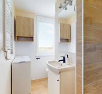 Koupelna v 1-pokojovém bytě se sprchou, pračkou a podlahou s dřevěným dekorem.