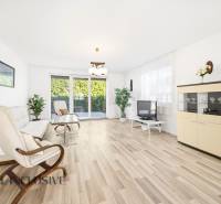 Světlý obývací pokoj s podlahou s dřevěným dekorem, pohovka, křeslo a televize.