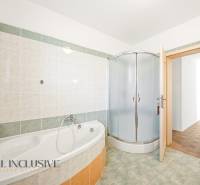 Koupelna v rodinném domě s vanou, sprchovým koutem a obloženými stěnami.