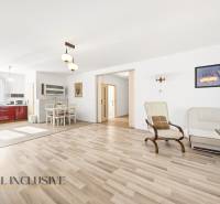 Světlý obývací pokoj s kuchyní, podlaha s dřevěným dekorem, jídelní kout.