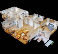 3D model interiéru s podlahou s dřevěným dekorem v rodinném domě.