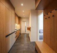 Vstupní hala 3pokojového bytu s úložnými skříňkami a závěsnými háčky.