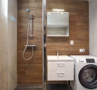 Koupelna v 3-pokojovém bytě s dřevěným dekorem a pračkou.