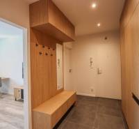 Vstupní hala 3pokojového bytu s podlahou z dlažby a dřevěným dekorem.