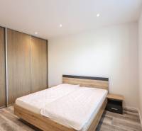 Ložnice v 3-pokojovém bytě s podlahou s dřevěným dekorem a velkou vestavěnou skříní.