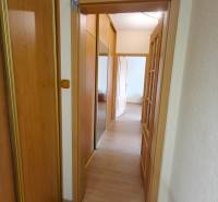 Chodba v 3-pokojovém bytě s podlahou s dřevěným dekorem a zrcadlovou skříní.