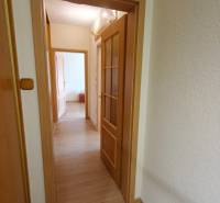 Chodba s dveřmi a podlahou s dřevěným dekorem v 3-pokojovém bytě.