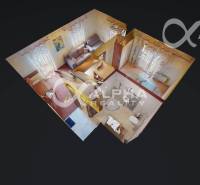 3D půdorys 2pokojového bytu s nábytkem a koupelnou s toaletou.