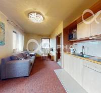 Obývací část 2-pokojového bytu s kuchyňskou linkou, pohovkou a dekorativním osvětlením.