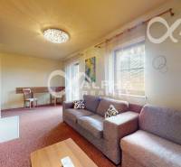 Obývací pokoj v 2pokojovém bytě s pohovkou, jídelním stolem a závěsy.