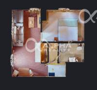 Půdorys 2-pokojového bytu s obývacím pokojem, ložnicí a koupelnou.