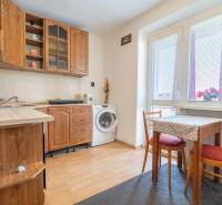 Kuchyně v 1-pokojovém bytě s dřevěným dekorem a pračkou.