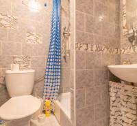 Koupelna v 1-pokojovém bytě s umyvadlem, toaletou a sprchovým koutem s modrým závěsem.