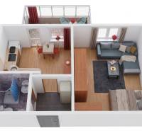 Interiér 1-pokojového bytu s otevřenou kuchyní, obývacím pokojem, ložnicí a balkonem.