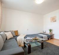 Světlý 1-pokojový byt s rohovou sedačkou, skleněným stolkem a podlahou s dřevěným dekorem.