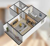 3D půdorys 2pokojového bytu s obývacím pokojem, kuchyňským koutem a podlahou s dřevěným dekorem.