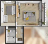 Půdorys 2-pokojového bytu s nábytkem a podlahou s dřevěným dekorem.