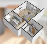 Půdorys 2-pokojového bytu s podlahou s dřevěným dekorem a nábytkem.