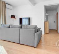 Světlý obývací pokoj s podlahou s dřevěným dekorem a šedou sedačkou v 2-pokojovém bytě.