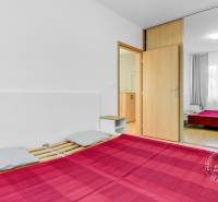 Ložnice v 2pokojovém bytě s velkou zrcadlovou skříní a podlahou s dřevěným dekorem.