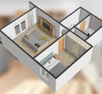 3D půdorys 2-pokojového bytu s podlahou s dřevěným dekorem, zobrazuje nábytek a místnosti.