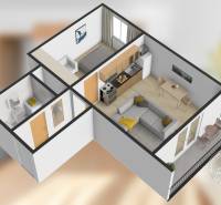 Dispozice 2pokojového bytu s kuchyní, obývacím pokojem a balkonem. Podlaha s dřevěným dekorem.