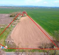 Pole v Ondřejovcích v Zahradách, ohraničené červenou linií, zeleň kolem.