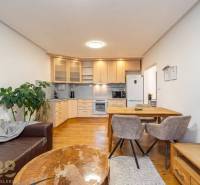 Obývací pokoj s kuchyňským koutem v rekreačním apartmánu a podlahou s dřevěným dekorem.