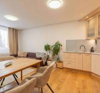 Interiér rekreačního apartmánu s pohovkou, kuchyní a podlahou s dřevěným dekorem.