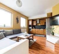 Obývací pokoj v 2-pokojovém bytě s kuchyňským koutem a podlahou s dřevěným dekorem.