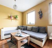 Obývací pokoj v 2-pokojovém bytě s podlahou s dřevěným dekorem a pohodlným sezením.