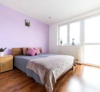 Ložnice v dvoupokojovém bytě s postelí, skříní a podlahou s dřevěným dekorem.