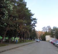 Parkoviště obklopené zelení a auty v lokalitě Prešova.