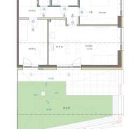 Půdorys zobrazuje rozmístění místností v 3-pokojovém bytě s přidruženou zahradou.