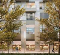 Exteriér na Mlynských nivách v Bratislavě-Ružinově s obchody a dřevinami před budovou.