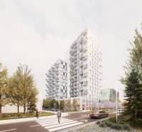 Výškové budovy s balkóny a cestou v Bratislavě - Ružinov na Mlynských nivách.