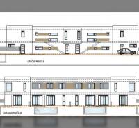 Nákres architektury dvoupodlažního rodinného domu s garáží a moderními prvky fasády.