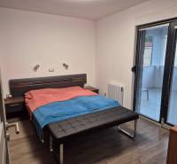Ložnice v rodinném domě s podlahou s dřevěným dekorem a přístupem na balkon.
