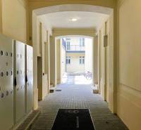 Chodba s kostkovanou dlažbou, kolo v pozadí, 2-pokojový byt na Konventní ulici.