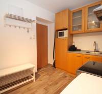 Kuchyně v 1-pokojovém bytě s kuchyňskou linkou, spotřebiči a podlahou s dřevěným dekorem.