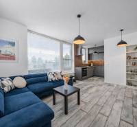 Obývací pokoj s podlahou s dřevěným dekorem, modrou sedačkou a kuchyňským koutem v 2-pokojovém bytě.