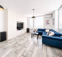 Obývací pokoj v 2-pokojovém bytě s modrou pohovkou a podlahou s dřevěným dekorem.