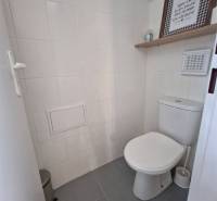 Toaleta s bílými dlaždicemi a dekorativní poličkou v obchodních prostorách.